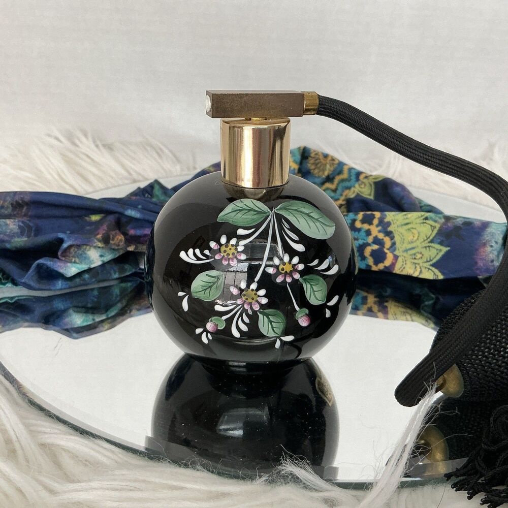 Vtg Marcel Franck Brevete S.G.D.G. Black Floral Perfume Bottle Atomizer Paris